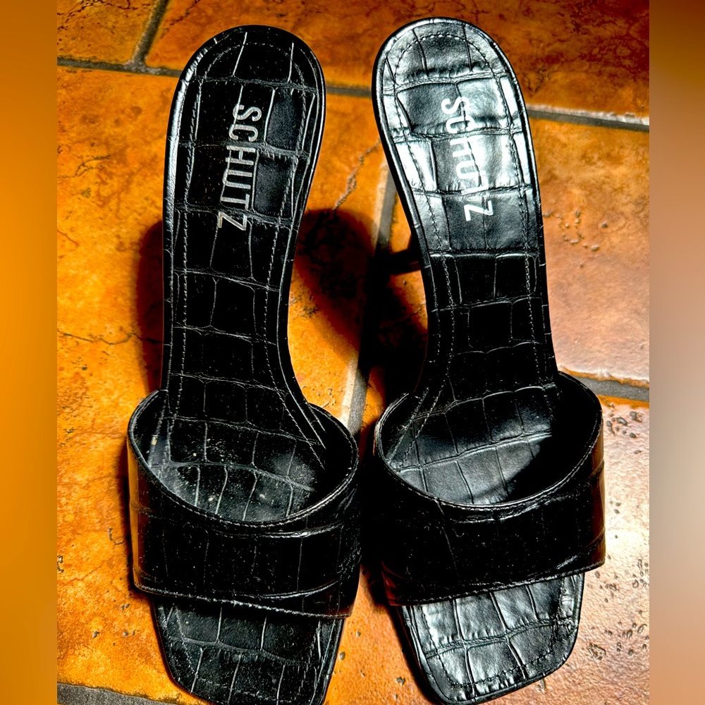 SCHUTZ Women's Posseni High Heel Slide Sandals in Black Croc Embossed